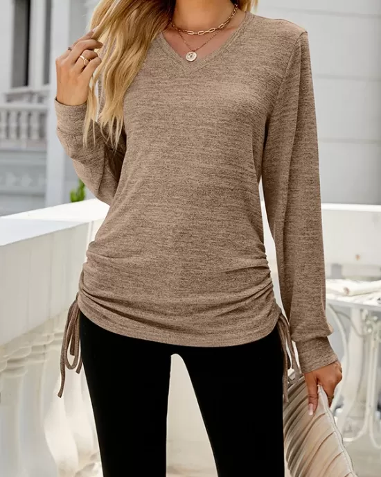 Drawstring Solid Color Tied Long Sleeves Loose V-Neck T-Shirts Tops