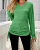 Drawstring Solid Color Tied Long Sleeves Loose V-Neck T-Shirts Tops