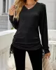 Drawstring Solid Color Tied Long Sleeves Loose V-Neck T-Shirts Tops