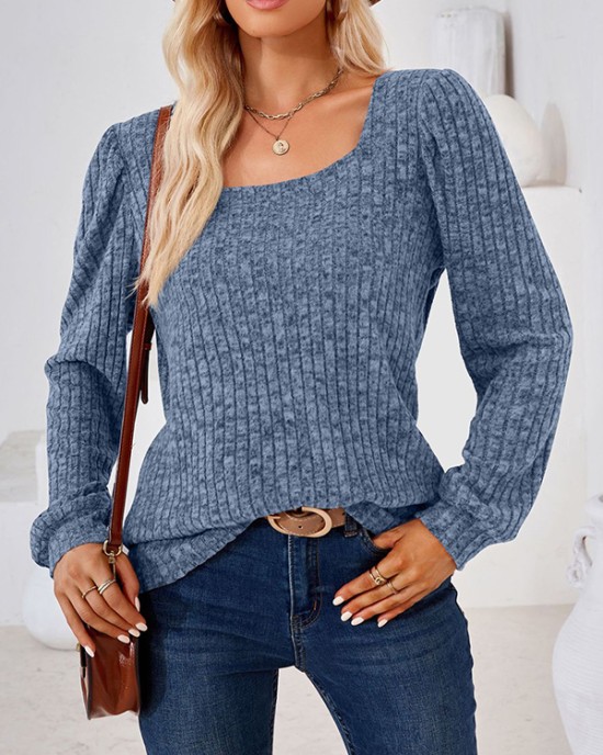 Solid Color Long Sleeves Loose Square-Neck T-Shirts Tops