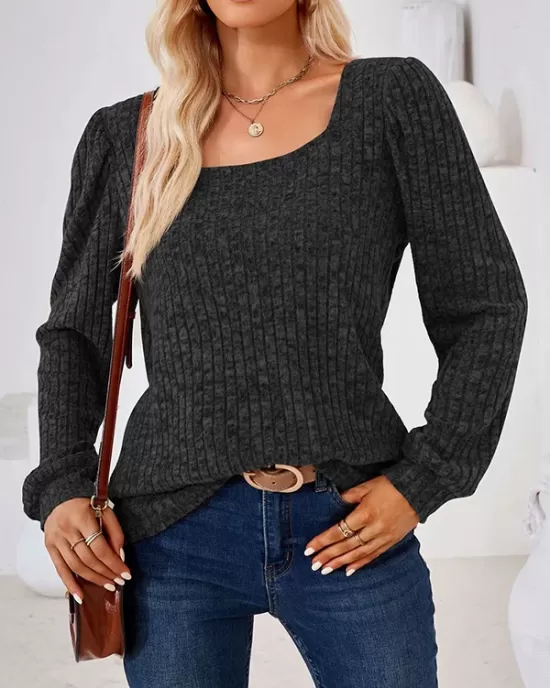 Solid Color Long Sleeves Loose Square-Neck T-Shirts Tops