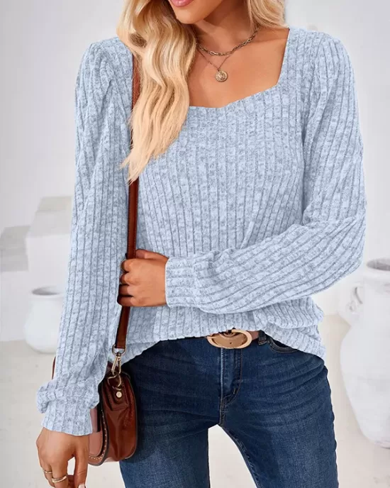 Solid Color Long Sleeves Loose Square-Neck T-Shirts Tops