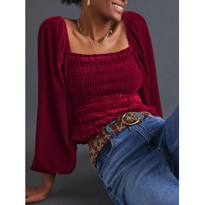 Elasticity Solid Color Velvet Long Sleeves Loose Square-Neck T-Shirts Tops