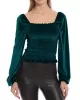 Elasticity Solid Color Velvet Long Sleeves Loose Square-Neck T-Shirts Tops