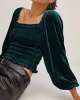 Elasticity Solid Color Velvet Long Sleeves Loose Square-Neck T-Shirts Tops