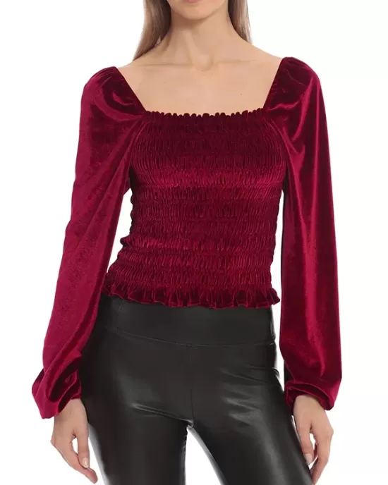 Elasticity Solid Color Velvet Long Sleeves Loose Square-Neck T-Shirts Tops