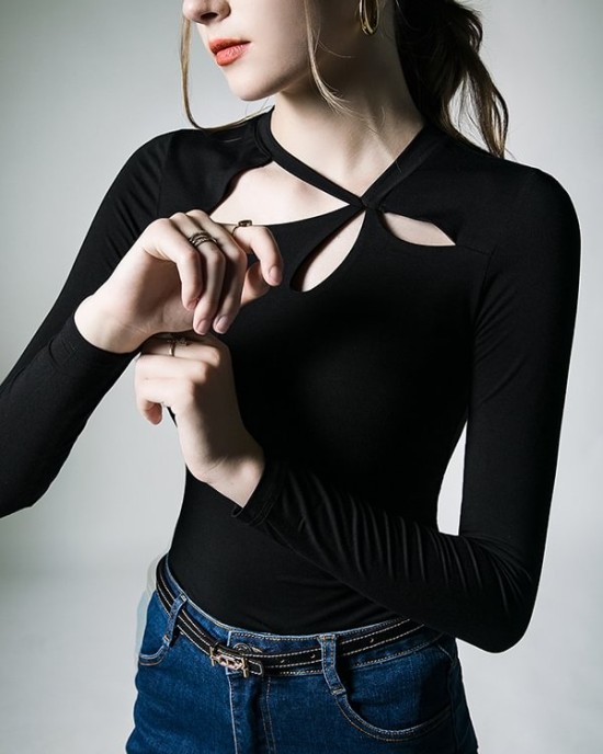 Hollow Solid Color Long Sleeves Skinny Asymmetric Collar T-Shirts Tops