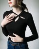 Hollow Solid Color Long Sleeves Skinny Asymmetric Collar T-Shirts Tops