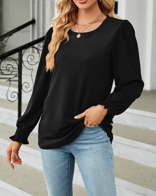 Elasticity Solid Color Long Sleeves Loose Round-Neck T-Shirts Tops