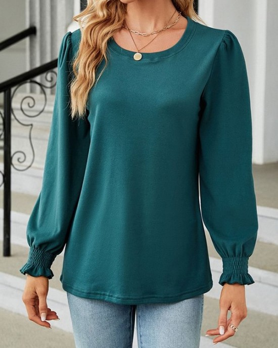 Elasticity Solid Color Long Sleeves Loose Round-Neck T-Shirts Tops