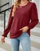 Elasticity Solid Color Long Sleeves Loose Round-Neck T-Shirts Tops