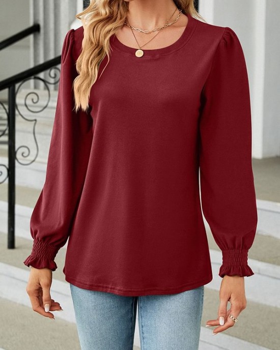 Elasticity Solid Color Long Sleeves Loose Round-Neck T-Shirts Tops