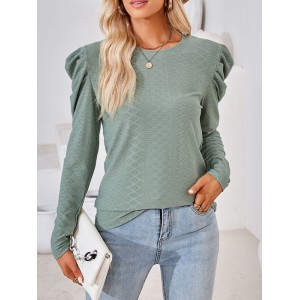 Pleated Solid Color Long Sleeves Loose Round-Neck T-Shirts Tops