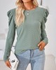 Pleated Solid Color Long Sleeves Loose Round-Neck T-Shirts Tops