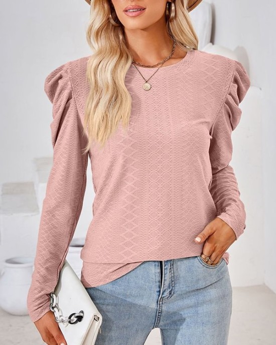 Pleated Solid Color Long Sleeves Loose Round-Neck T-Shirts Tops