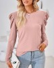 Pleated Solid Color Long Sleeves Loose Round-Neck T-Shirts Tops