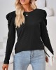 Pleated Solid Color Long Sleeves Loose Round-Neck T-Shirts Tops