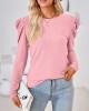 Pleated Solid Color Long Sleeves Loose Round-Neck T-Shirts Tops