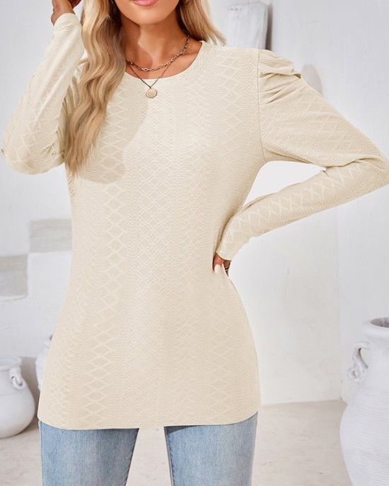 Pleated Solid Color Long Sleeves Loose Round-Neck T-Shirts Tops