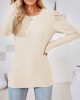 Pleated Solid Color Long Sleeves Loose Round-Neck T-Shirts Tops