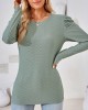 Pleated Solid Color Long Sleeves Loose Round-Neck T-Shirts Tops