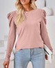 Pleated Solid Color Long Sleeves Loose Round-Neck T-Shirts Tops