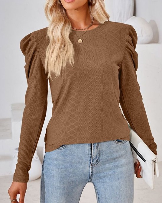 Pleated Solid Color Long Sleeves Loose Round-Neck T-Shirts Tops