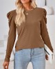 Pleated Solid Color Long Sleeves Loose Round-Neck T-Shirts Tops