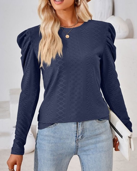 Pleated Solid Color Long Sleeves Loose Round-Neck T-Shirts Tops