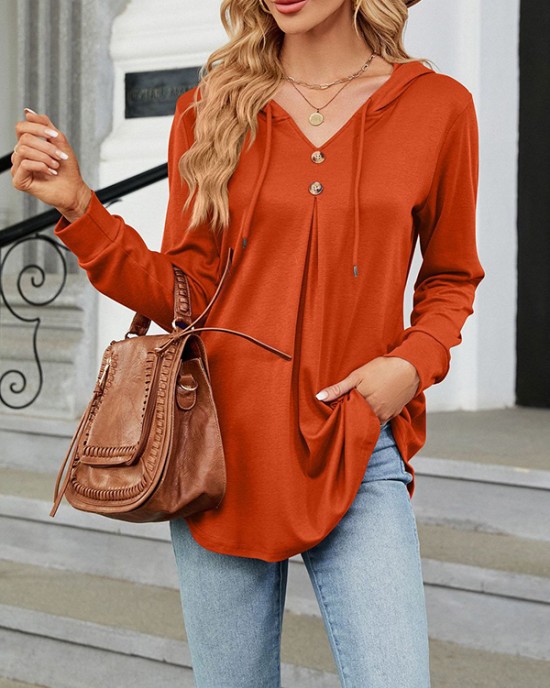 Buttoned Drawstring Hooded Solid Color Long Sleeves Loose V-Neck T-Shirts Tops