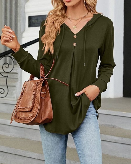 Buttoned Drawstring Hooded Solid Color Long Sleeves Loose V-Neck T-Shirts Tops