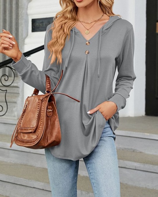 Buttoned Drawstring Hooded Solid Color Long Sleeves Loose V-Neck T-Shirts Tops