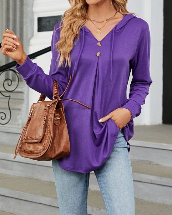 Buttoned Drawstring Hooded Solid Color Long Sleeves Loose V-Neck T-Shirts Tops