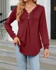 Buttoned Drawstring Hooded Solid Color Long Sleeves Loose V-Neck T-Shirts Tops