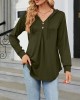 Buttoned Drawstring Hooded Solid Color Long Sleeves Loose V-Neck T-Shirts Tops