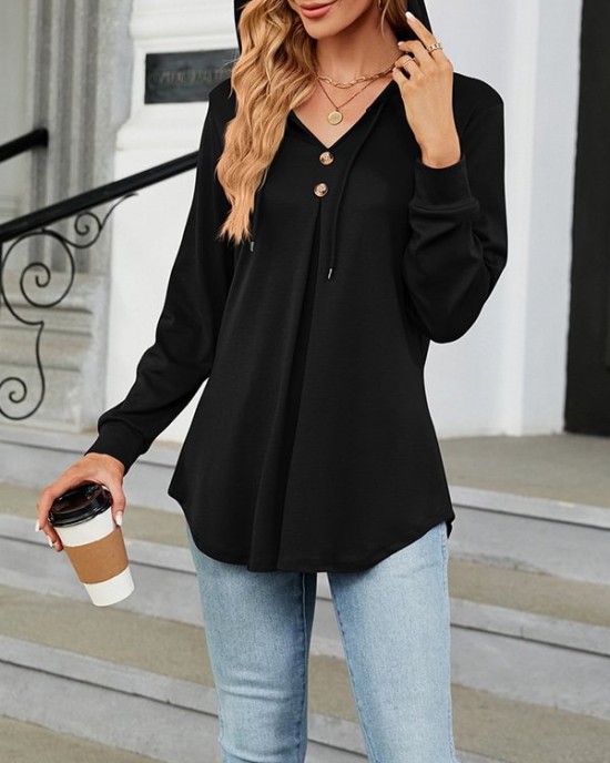 Buttoned Drawstring Hooded Solid Color Long Sleeves Loose V-Neck T-Shirts Tops