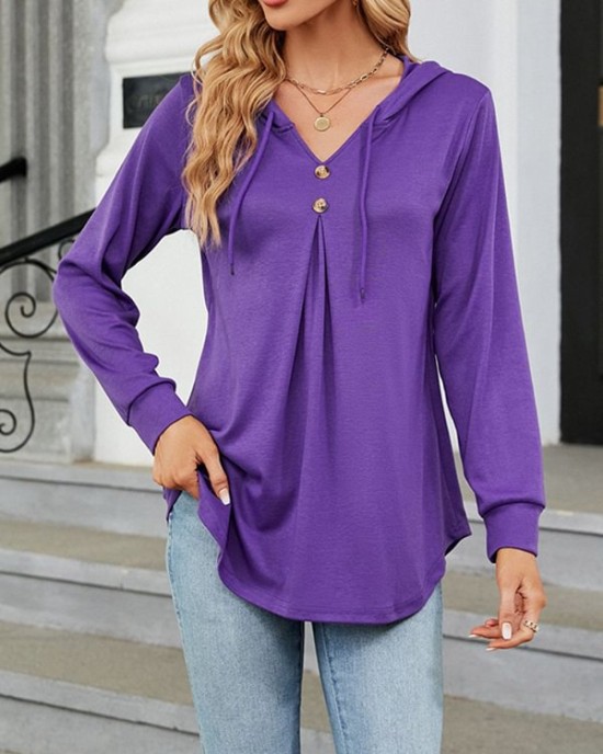 Buttoned Drawstring Hooded Solid Color Long Sleeves Loose V-Neck T-Shirts Tops