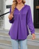 Buttoned Drawstring Hooded Solid Color Long Sleeves Loose V-Neck T-Shirts Tops