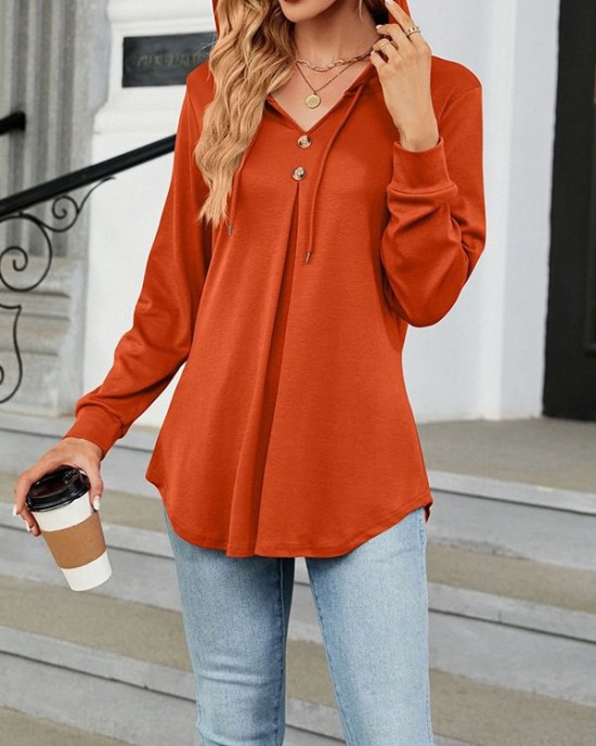 Buttoned Drawstring Hooded Solid Color Long Sleeves Loose V-Neck T-Shirts Tops