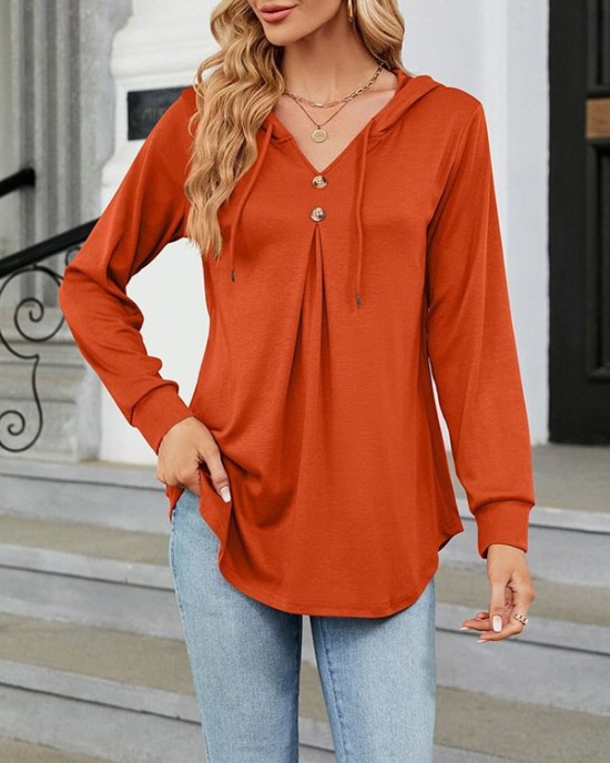 Buttoned Drawstring Hooded Solid Color Long Sleeves Loose V-Neck T-Shirts Tops