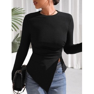 Asymmetric Solid Color Split-Side Long Sleeves Skinny Round-Neck T-Shirts Tops