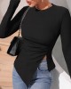 Asymmetric Solid Color Split-Side Long Sleeves Skinny Round-Neck T-Shirts Tops