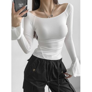 Pleated Solid Color Flared Sleeves Long Sleeves Boat Neck T-Shirts Tops