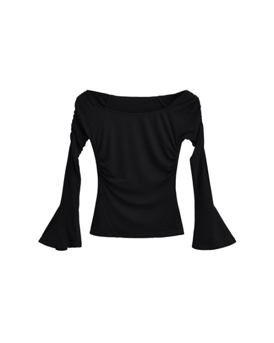 Pleated Solid Color Flared Sleeves Long Sleeves Boat Neck T-Shirts Tops