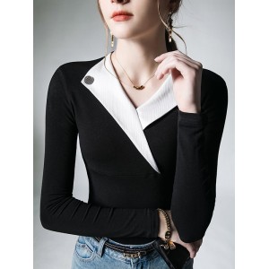 Asymmetric Buttoned Long Sleeves Skinny V-Neck T-Shirts Tops