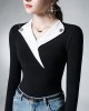 Asymmetric Buttoned Long Sleeves Skinny V-Neck T-Shirts Tops