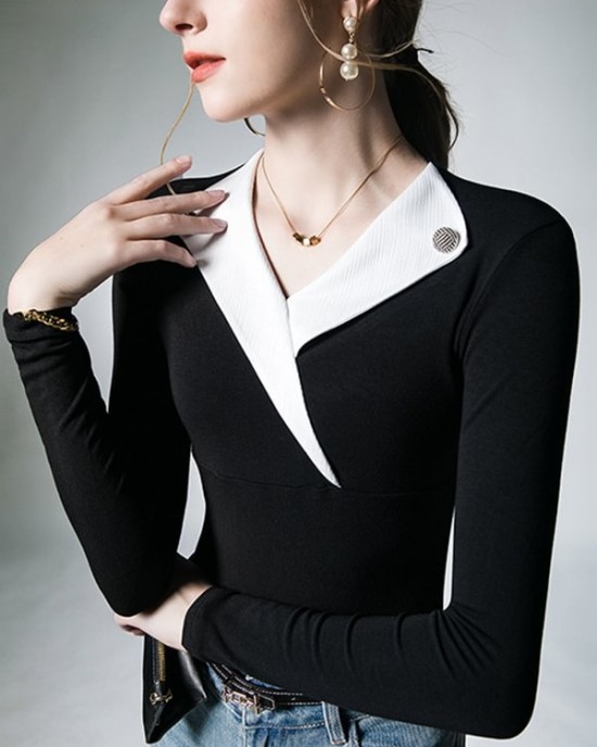 Asymmetric Buttoned Long Sleeves Skinny V-Neck T-Shirts Tops