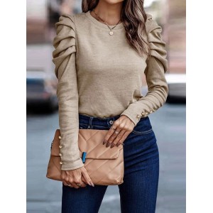 Buttoned Pleated Bishop Sleeve Long Sleeves Round-neck T-Shirts Tops