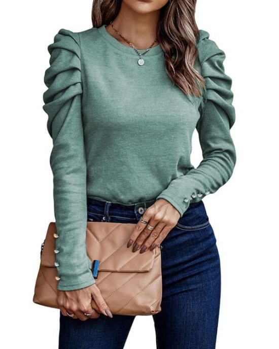 Buttoned Pleated Bishop Sleeve Long Sleeves Round-neck T-Shirts Tops