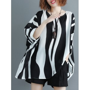 Original Chiffon Batwing Sleeves Striped Shirts Tops